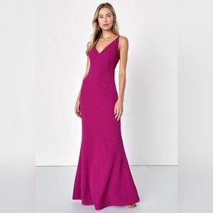 NWT Lulus Elegant Majenta V-Neck Maxi Dress Melora Mermaid Gown Size SMALL